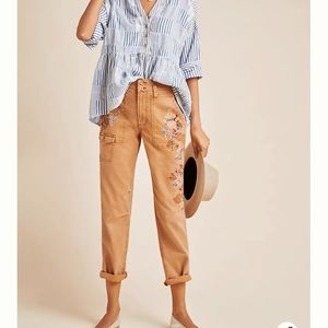 Anthropologie Tan Embroidered Cropped Pants